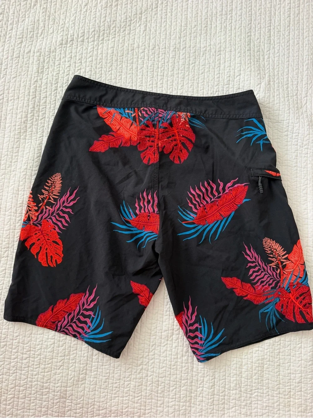 Volcom Black Board Shorts with Red, Pink & Blue Tropical Leaves
